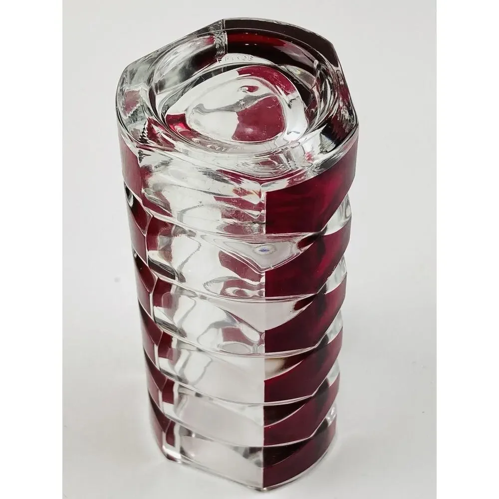 Vtg MCM Triangle Art Glass Vase Windsor Rubis Cranberry Faceted JG Durand France